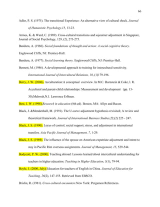 66


Adler, P. S. (1975). The transitional Experience: An alternative view of cultural shock. Journal

       of Humanistic Psychology,15, 13-23.

Armes, K. & Ward, C. (1989). Cross-cultural transitions and sojourner adjustment in Singapore,
Journal of Social Psychology, 129, (2), 273-275.

Bandura, A. (1986). Social foundations of thought and action: A social cognitive theory.

Englewood Cliffs, NJ: Prentice-Hall.

Bandura, A. (1977). Social learning theory. Englewood Cliffs, NJ: Prentice-Hall.

Bennett, M. (1986). A developmental approach to training for intercultural sensitivity.

       International Journal of Intercultural Relations, 10, (1)179-196.

Berry, J. W. (2006). Acculturation:A conceptual overview. In M.C. Bornstein & Coke, l. R.

       Accultural and parent-child relationships: Measurement and development (pp. 13-

       30),Mahwah,N.J. Lawrence Erlbaun.

Best, J. W. (1998).Research in education (8th ed). Boston, MA: Allyn and Bacon.

Black, J. &Mendenhall,.M. (1991). The U-curve adjustment hypothesis revisited; A review and

       theoretical framework. Journal of International Business Studies,22,(2) 225 - 247.

Black, J. S. (1990). Locus of control, social support, stress, and adjustment in international

       transfers. Asia Pacific Journal of Management, 7, 1-29.

Black, J. S. (1989). The influence of the spouse on American expatriate adjustment and intent to

       stay in Pacific Rim overseas assignments. Journal of Management, 15, 529-544.

Bodycott, P. W. (2000). Teaching abroad: Lessons learned about intercultural understanding for

       teachers in higher education. Teaching in Higher Education, 5(1), 79-94.

Boyle, J. (2000, July).Education for teachers of English in China. Journal of Education for

       Teaching, 26(2), 147-155. Retrieved from EBSCO.

Brislin, R. (1981). Cross-cultural encounters.New York: Pergamon References.
 