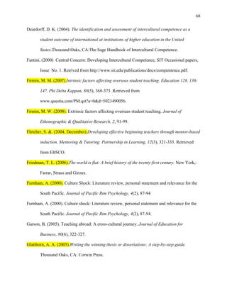 68


Deardorff, D. K. (2004). The identification and assessment of intercultural competence as a

       student outcome of international at institutions of higher education in the United

       States.Thousand Oaks, CA:The Sage Handbook of Intercultural Competence.

Fantini, (2000) Central Concern: Developing Intercultural Competence, SIT Occasional papers,

       Issue No. 1. Retrived from http://www.sit.edu/publications/docs/compentence.pdf.

Firmin, M. M. (2007).Intrinsic factors affecting overseas student teaching. Education 128, 138-

       147. Phi Delta Kappan, 88(5), 368-373. Retrieved from

       www.questia.com/PM.qst?a=0&d=5023490056.

Firmin, M. W. (2008). Extrinsic factors affecting overseas student teaching. Journal of

       Ethonographic & Qualitative Research, 2, 91-99.

Fletcher, S. &. (2004, December).Developing effective beginning teachers through mentor-based

       induction. Mentoring & Tutoring: Partnership in Learning, 12(3), 321-333. Retrieved

       from EBSCO.

Friedman, T. L. (2006).The world is flat: A brief history of the twenty-first century. New York,:

       Farrar, Straus and Giroux.

Furnham, A. (2000). Culture Shock: Literature review, personal statement and relevance for the

       South Pacific. Journal of Pacific Rim Psychology, 4(2), 87-94

Furnham, A. (2000). Culture shock: Literature review, personal statement and relevance for the

       South Pacific. Journal of Pacific Rim Psychology, 4(2), 87-94.

Garson, B. (2005). Teaching abroad: A cross-cultural journey. Journal of Education for

       Business, 80(6), 322-327.

Glatthorn, A. A. (2005).Writing the winning thesis or dissertations: A step-by-step guide.

       Thousand Oaks, CA: Corwin Press.
 