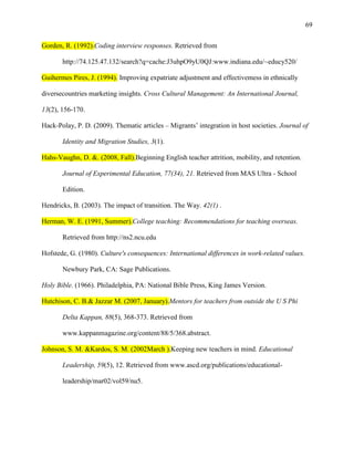 69


Gorden, R. (1992).Coding interview responses. Retrieved from

       http://74.125.47.132/search?q=cache:J3uhpO9yU0QJ:www.indiana.edu/~educy520/

Guihermes Pires, J. (1994). Improving expatriate adjustment and effectivemess in ethnically

diversecountries marketing insights. Cross Cultural Management: An International Journal,

13(2), 156-170.

Hack-Polay, P. D. (2009). Thematic articles – Migrants‘ integration in host societies. Journal of

       Identity and Migration Studies, 3(1).

Hahs-Vaughn, D. &. (2008, Fall).Beginning English teacher attrition, mobility, and retention.

       Journal of Experimental Education, 77(34), 21. Retrieved from MAS Ultra - School

       Edition.

Hendricks, B. (2003). The impact of transition. The Way. 42(1) .

Herman, W. E. (1991, Summer).College teaching: Recommendations for teaching overseas.

       Retrieved from http://ns2.ncu.edu

Hofstede, G. (1980). Culture's consequences: International differences in work-related values.

       Newbury Park, CA: Sage Publications.

Holy Bible. (1966). Philadelphia, PA: National Bible Press, King James Version.

Hutchison, C. B.& Jazzar M. (2007, January).Mentors for teachers from outside the U S Phi

       Delta Kappan, 88(5), 368-373. Retrieved from

       www.kappanmagazine.org/content/88/5/368.abstract.

Johnson, S. M. &Kardos, S. M. (2002March ).Keeping new teachers in mind. Educational

       Leadership, 59(5), 12. Retrieved from www.ascd.org/publications/educational-

       leadership/mar02/vol59/nu5.
 