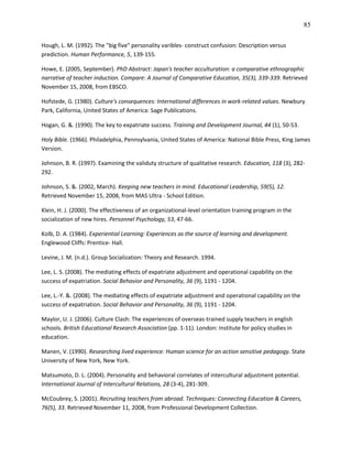 85

Hough, L. M. (1992). The "big five" personality varibles- construct confusion: Description versus
prediction. Human Performance, 5, 139-155.

Howe, E. (2005, September). PhD Abstract: Japan's teacher acculturation: a comparative ethnographic
narrative of teacher induction. Compare: A Journal of Comparative Education, 35(3), 339-339. Retrieved
November 15, 2008, from EBSCO.

Hofstede, G. (1980). Culture's consequences: International differences in work-related values. Newbury
Park, California, United States of America: Sage Publications.

Hogan, G. &. (1990). The key to expatriate success. Training and Development Journal, 44 (1), 50-53.

Holy Bible. (1966). Philadelphia, Pennsylvania, United States of America: National Bible Press, King James
Version.

Johnson, B. R. (1997). Examining the validuty structure of qualitative research. Education, 118 (3), 282-
292.

Johnson, S. &. (2002, March). Keeping new teachers in mind. Educational Leadership, 59(5), 12.
Retrieved November 15, 2008, from MAS Ultra - School Edition.

Klein, H. J. (2000). The effectiveness of an organizational-level orientation training program in the
socialization of new hires. Personnel Psychology, 53, 47-66.

Kolb, D. A. (1984). Experiential Learning: Experiences as the source of learning and development.
Englewood Cliffs: Prentice- Hall.

Levine, J. M. (n.d.). Group Socialization: Theory and Research. 1994.

Lee, L. S. (2008). The mediating effects of expatriate adjustment and operational capability on the
success of expatriation. Social Behavior and Personality, 36 (9), 1191 - 1204.

Lee, L.-Y. &. (2008). The mediating effects of expatriate adjustment and operational capability on the
success of expatriation. Social Behavior and Personality, 36 (9), 1191 - 1204.

Maylor, U. J. (2006). Culture Clash: The experiences of overseas-trained supply teachers in english
schools. British Educational Research Association (pp. 1-11). London: Institute for policy studies in
education.

Manen, V. (1990). Researching lived experience: Human science for an action sensitive pedagogy. State
University of New York, New York.

Matsumoto, D. L. (2004). Personality and behavioral correlates of intercultural adjustment potential.
International Journal of Intercultural Relations, 28 (3-4), 281-309.

McCoubrey, S. (2001). Recruiting teachers from abroad. Techniques: Connecting Education & Careers,
76(5), 33. Retrieved November 11, 2008, from Professional Development Collection.
 