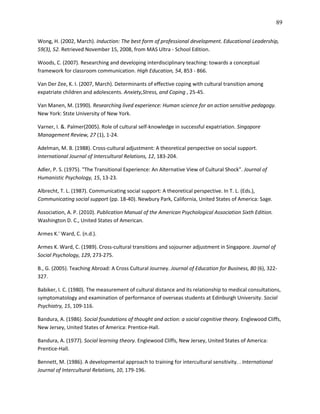 89

Wong, H. (2002, March). Induction: The best form of professional development. Educational Leadership,
59(3), 52. Retrieved November 15, 2008, from MAS Ultra - School Edition.

Woods, C. (2007). Researching and developing interdisciplinary teaching: towards a conceptual
framework for classroom communication. High Education, 54, 853 - 866.

Van Der Zee, K. I. (2007, March). Determinants of effective coping with cultural transition among
expatriate children and adolescents. Anxiety,Stress, and Coping , 25-45.

Van Manen, M. (1990). Researching lived experience: Human science for an action sensitive pedagogy.
New York: Stste University of New York.

Varner, I. &. Palmer(2005). Role of cultural self-knowledge in successful expatriation. Singapore
Management Review, 27 (1), 1-24.

Adelman, M. B. (1988). Cross-cultural adjustment: A theoretical perspective on social support.
International Journal of Intercultural Relations, 12, 183-204.

Adler, P. S. (1975). "The Transitional Experience: An Alternative View of Cultural Shock". Journal of
Humanistic Psychology, 15, 13-23.

Albrecht, T. L. (1987). Communicating social support: A theoretical perspective. In T. L. (Eds.),
Communicating social support (pp. 18-40). Newbury Park, California, United States of America: Sage.

Association, A. P. (2010). Publication Manual of the American Psychological Association Sixth Edition.
Washington D. C., United States of American.

Armes K.' Ward, C. (n.d.).

Armes K. Ward, C. (1989). Cross-cultural transitions and sojourner adjustment in Singapore. Journal of
Social Psychology, 129, 273-275.

B., G. (2005). Teaching Abroad: A Cross Cultural Journey. Journal of Education for Business, 80 (6), 322-
327.

Babiker, I. C. (1980). The measurement of cultural distance and its relationship to medical consultations,
symptomatology and examination of performance of overseas students at Edinburgh University. Social
Psychiatry, 15, 109-116.

Bandura, A. (1986). Social foundations of thought and action: a social cognitive theory. Englewood Cliffs,
New Jersey, United States of America: Prentice-Hall.

Bandura, A. (1977). Social learning theory. Englewood Cliffs, New Jersey, United States of America:
Prentice-Hall.

Bennett, M. (1986). A developmental approach to training for intercultural sensitivity. . International
Journal of Intercultural Relations, 10, 179-196.
 