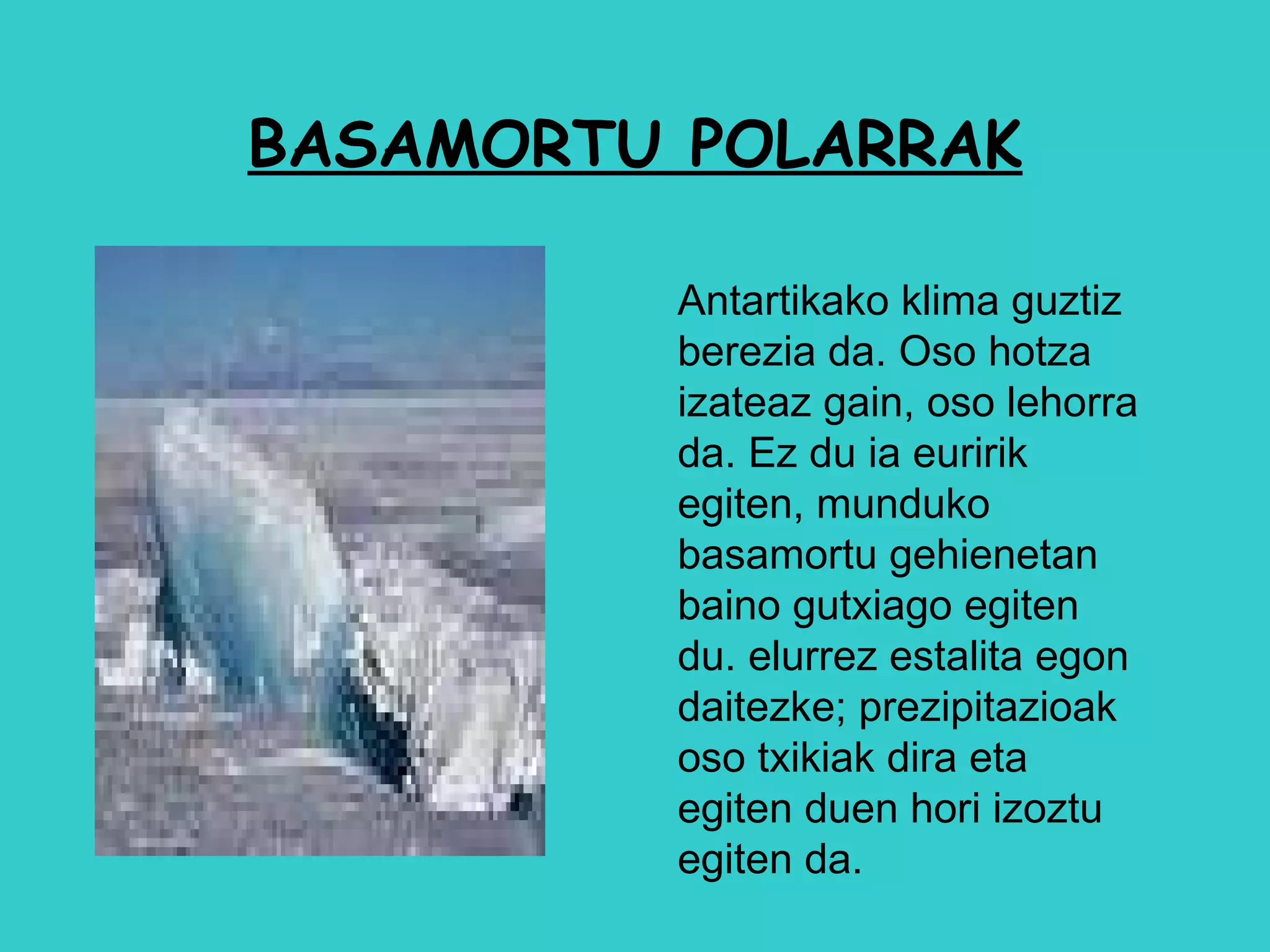 BASAMORTU POLARRAK Antartikako klima guztiz berezia da. Oso hotza izateaz gain, oso lehorra da. Ez du ia euririk egiten, munduko basamortu gehienetan baino gutxiago egiten du. elurrez estalita egon daitezke; prezipitazioak oso txikiak dira eta egiten duen hori izoztu egiten da.  