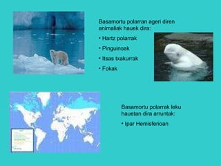 Basamortu polarran ageri diren animaliak hauek dira: Hartz polarrak Pinguinoak Itsas txakurrak Fokak Basamortu polarrak leku hauetan dira arruntak: Ipar Hemisferioan 