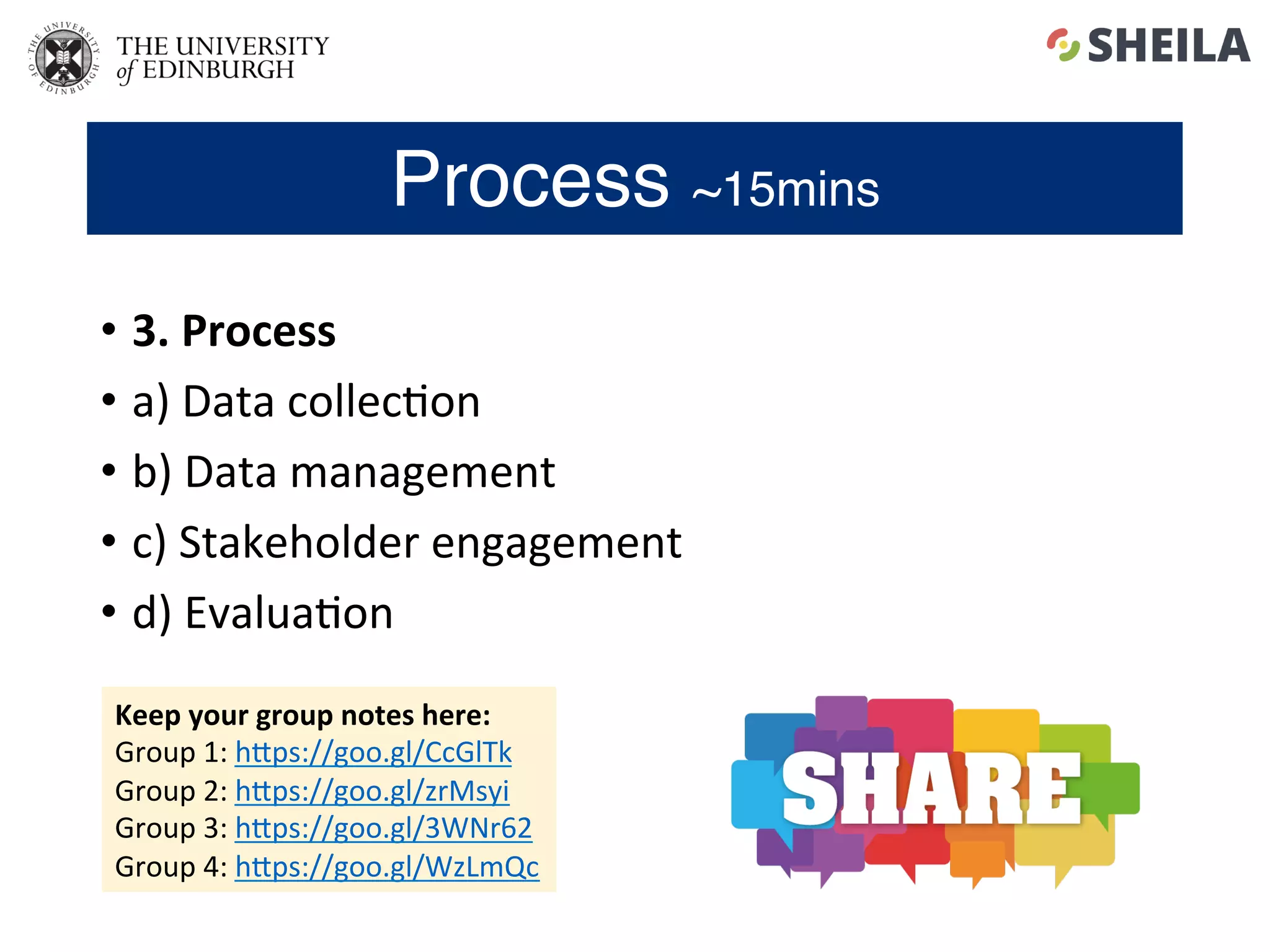 •  3.	Process	
•  a)	Data	collec5on	
•  b)	Data	management	
•  c)	Stakeholder	engagement	
•  d)	Evalua5on	
Process ~15mins
Keep	your	group	notes	here:	
Group	1:	hgps://goo.gl/CcGlTk	
Group	2:	hgps://goo.gl/zrMsyi	
Group	3:	hgps://goo.gl/3WNr62	
Group	4:	hgps://goo.gl/WzLmQc	
 