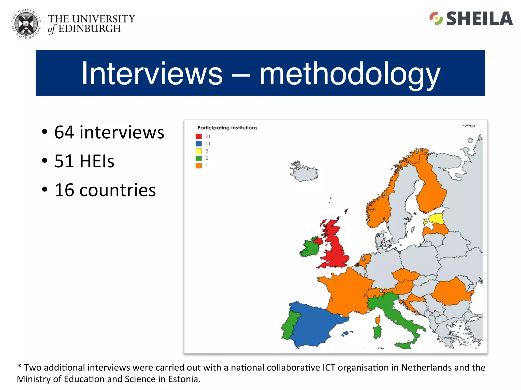 Interviews – methodology
•  64	interviews		
•  51	HEIs	
•  16	countries		
*	Two	addi5onal	interviews	were	carried	out	with	a	na5onal	collabora5ve	ICT	organisa5on	in	Netherlands	and	the	
Ministry	of	Educa5on	and	Science	in	Estonia.	
 