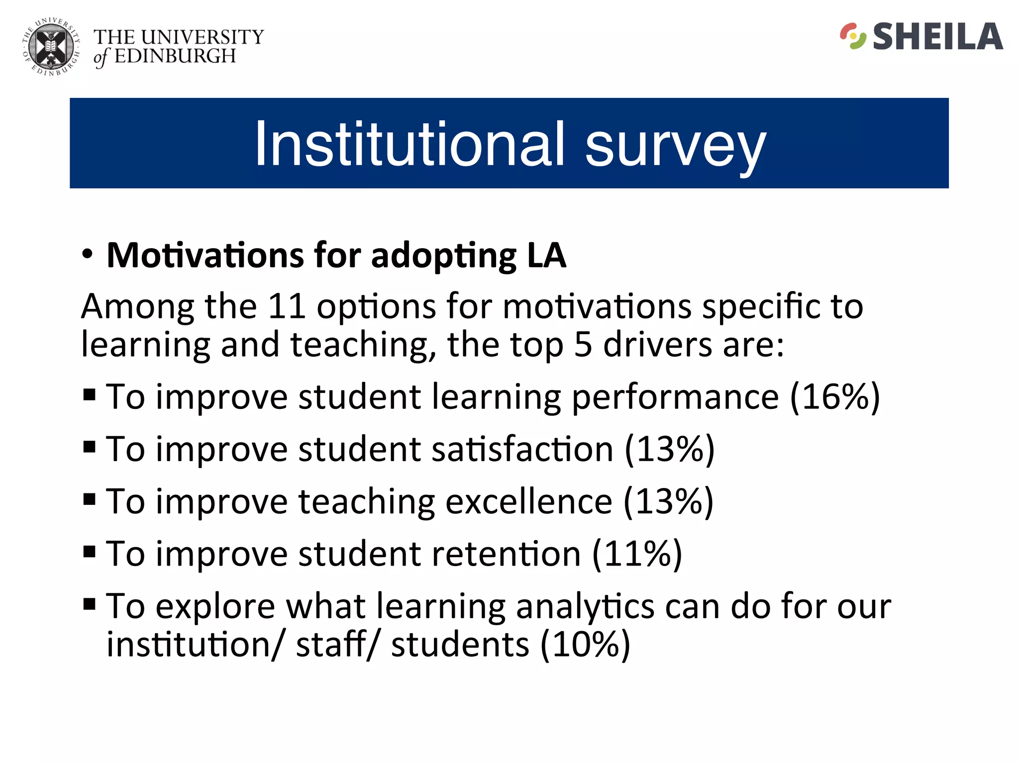 Institutional survey
•  Mo4va4ons	for	adop4ng	LA	
Among	the	11	op5ons	for	mo5va5ons	speciﬁc	to	
learning	and	teaching,	the	top	5	drivers	are:	
§ To	improve	student	learning	performance	(16%)	
§ To	improve	student	sa5sfac5on	(13%)	
§ To	improve	teaching	excellence	(13%)	
§ To	improve	student	reten5on	(11%)	
§ To	explore	what	learning	analy5cs	can	do	for	our	
ins5tu5on/	staﬀ/	students	(10%)	
 