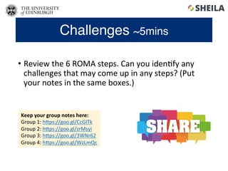 •  Review	the	6	ROMA	steps.	Can	you	iden5fy	any	
challenges	that	may	come	up	in	any	steps?	(Put	
your	notes	in	the	same	bo...