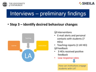 Interviews – preliminary ﬁndings
•  Step	3	–	Iden4fy	desired	behaviour	changes	
LA	
Learner	
Teaching	
Ins5tu5onal	
q Inte...