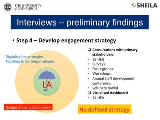 No	deﬁned	strategy	
Interviews – preliminary ﬁndings
•  Step	4	–	Develop	engagement	strategy	
LA	
Digitalisa5on	strategies...