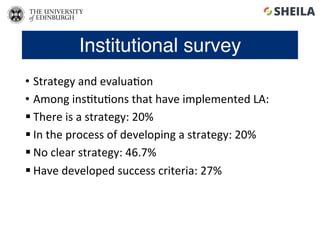 Institutional survey
•  Strategy	and	evalua5on	
•  Among	ins5tu5ons	that	have	implemented	LA:	
§ There	is	a	strategy:	20%	...