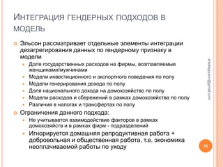 ИНТЕГРАЦИЯ ГЕНДЕРНЫХ ПОДХОДОВ В
МОДЕЛЬ
   Эльсон рассматривает отдельные элементы интеграции
    дезагрегирования данных по гендерному признаку в
    модели




                                                                       sheilagquinn@gmail.com
       Доля государственных расходов на фирмы, возглавляемые
        женщинами/мужчинами
       Модели инвестиционного и экспортного поведения по полу
       Модели генерирования дохода по полу
       Доля национального дохода на домохозяйство по полу
       Модели расходов и сбережений в рамках домохозяйства по полу
       Различия в налогах и трансфертах по полу
   Ограничения данного подхода:
       Не учитывается взаимодействие факторов в рамках
        домохозяйств и в рамках фирм - подразделений
       Игнорируется домашняя репродуктивная работа +
        добровольная и общественная работа, т.е. экономика
        неоплачиваемой работы по уходу                                11
 