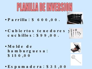 Parrilla: $ 600,00.  Cubiertos tenedores y cuchillos: $99,00. Molde de hamburguesa: $150,00 Espumadera: $35,00 PLANILLA DE INVERSION 