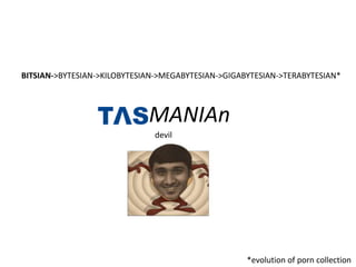 BITSIAN->BYTESIAN->KILOBYTESIAN->MEGABYTESIAN->GIGABYTESIAN->TERABYTESIAN* 
MANIAn 
devil 
*evolution of porn collection 
 