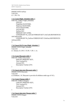 1801T3100155, Shekhar Kumar Sharma
CDB101 Assignment,



INSERT INTO AirFare
VALUES
(1, 1, 86, 12);

/* 4. Create Flight_Schedule table */
CREATE TABLE Flight_Schedule(
        FlID INT,
        FlightDate DATETIME,
        Departure DATETIME,
        Arrival DATETIME,
        AirCraft INT,
        NetFare INT,
        PRIMARY KEY (FlID),
        CONSTRAINT fk_AirCraft FOREIGN KEY (AirCraft) REFERENCES
AirCrafts(AcID),
        CONSTRAINT fk_NetFare FOREIGN KEY (NetFare) REFERENCES
AirFare(AfID)
);

/* 4.1 Insert DATA into Flight_Schedule */
INSERT INTO Flight_Schedule
VALUES
(1, 'January 23, 2012', '23:20', '1:20', 1, 1);


/* 5. Create Discounts table */
CREATE TABLE Discounts(
        DiID INT PRIMARY KEY,
        Title Varchar(32),
        Amount INT,
        Description Varchar (255)
)

/* 5.1 Insert data into Discounts table */
INSERT INTO Discounts
VALUES
(1,'Childrens', 10, 'Discount is provide all childrens under age of 10.');

/* 6. Create Charges table */
CREATE TABLE Charges(
        ChID INT PRIMARY KEY,
        Title Varchar(32),
        Amount INT,
        Description Varchar (255)
)

/* 6.1 Insert data into Charges table */
INSERT INTO Charges
VALUES

                                                                             11
 