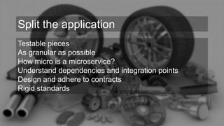 Testable pieces
As granular as possible
How micro is a microservice?
Understand dependencies and integration points
Design and adhere to contracts
Rigid standards
Split the application
 