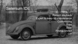 Record playback
Expert to keep up maintenance
Customizing
Free
Slow
Firefox limited
CI?
Selenium IDE
 