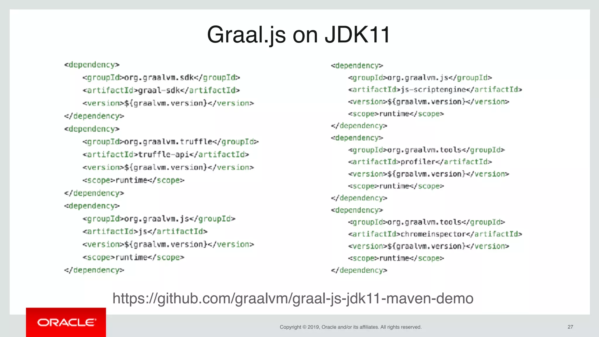 Copyright © 2019, Oracle and/or its affiliates. All rights reserved. !27
Graal.js on JDK11
https://github.com/graalvm/graal-js-jdk11-maven-demo
 