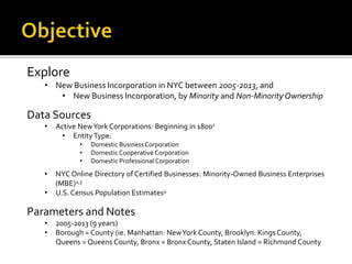 Explore
• New Business Incorporation in NYC between 2005-2013, and
• New Business Incorporation, by Minority and Non-Minor...