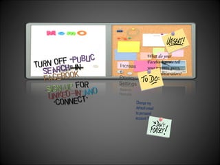 What do your Facebook posts tell your parents, peers, and administrators? Reduce Search Results Increase Privacy Settings Change my default email to personal account !! 