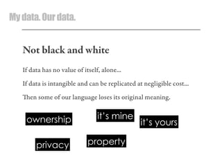 Mydata.Ourdata.
Not black and white
If data has no value of itself, alone...
If data is intangible and can be replicated at negligible cost...
en some of our language loses its original meaning.
ownership it’s mine
it’s yours
propertyprivacy
 