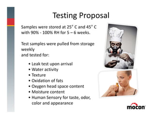Testing Proposal
Samples were stored at 25° C and 45° C
with 90% - 100% RH for 5 – 6 weeks.
Test samples were pulled from storage
weekly
and tested for:
• Leak test upon arrival
• Water activity
• Texture
• Oxidation of fats
• Oxygen head space content
• Moisture content
• Human Sensory for taste, odor,
color and appearance
 