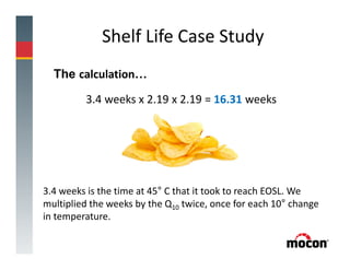 The calculation…
3.4 weeks x 2.19 x 2.19 = 16.31 weeks
3.4 weeks is the time at 45° C that it took to reach EOSL. We
multiplied the weeks by the Q10 twice, once for each 10° change
in temperature.
Shelf Life Case Study
 