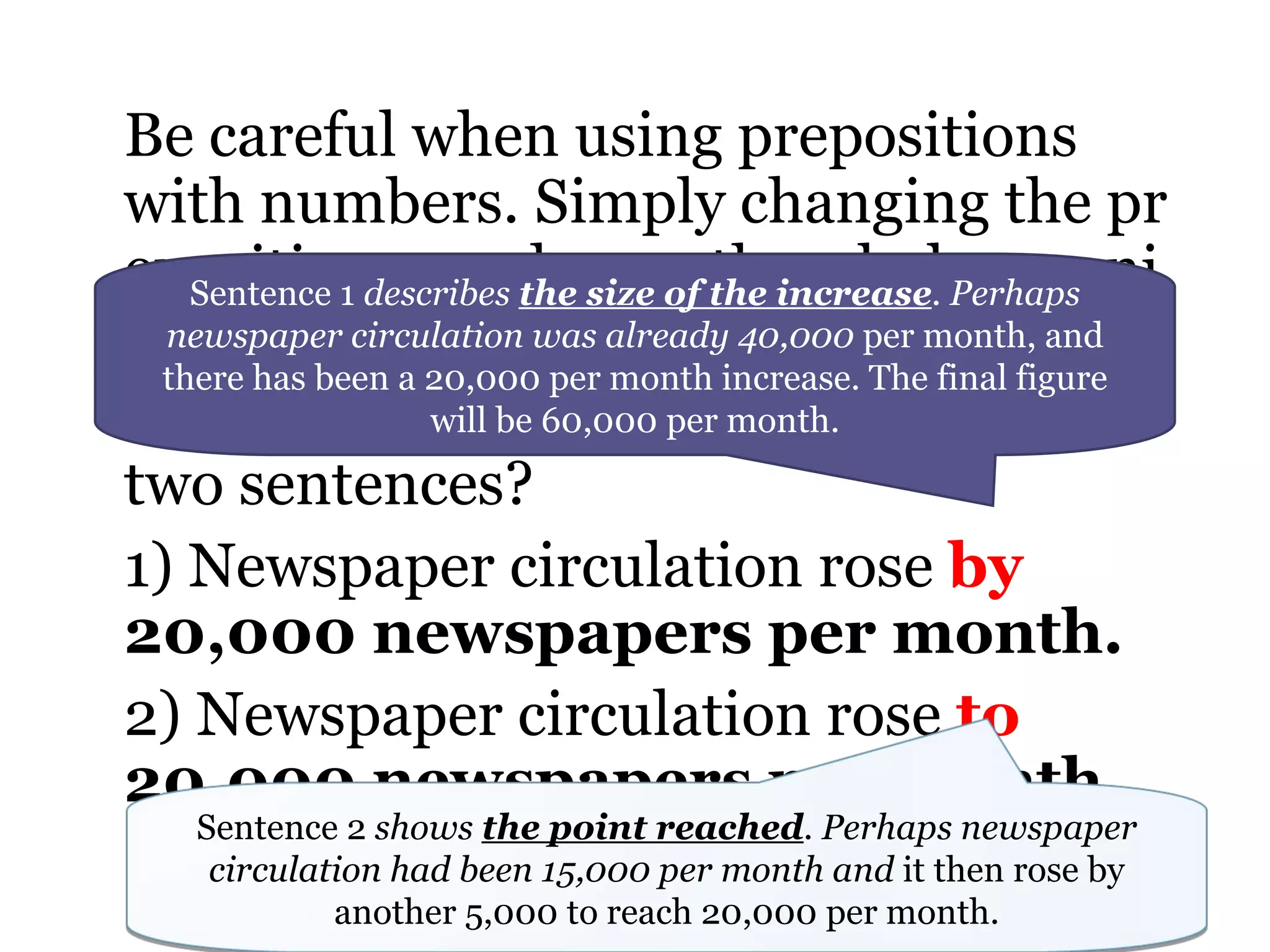 Be careful when using prepositions with numbers. Simply changing the preposition can change the whole meaning of a sentence. What’s the difference between these two sentences? 1) Newspaper circulation rose  by  20,000 newspapers per month. 2) Newspaper circulation rose  to  20,000 newspapers per month. Sentence 1  describes  the size of the increase . Perhaps newspaper circulation was already 40,000  per month, and there has been a 20,000 per month increase. The final figure will be 60,000 per month. Sentence 2  shows  the point reached . Perhaps newspaper circulation had been 15,000 per month and  it then rose by another 5,000 to reach 20,000 per month. 