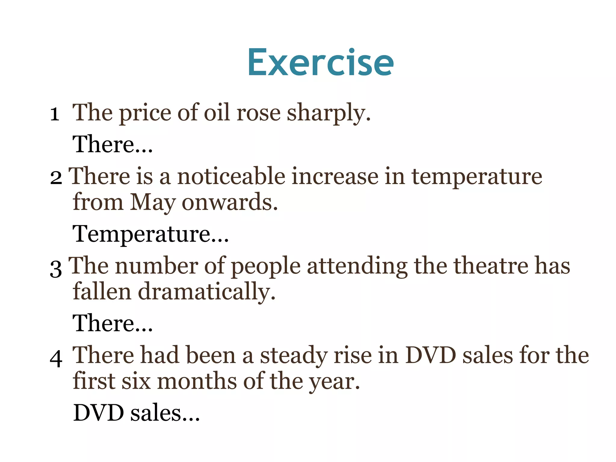 Exercise 1  The price of oil rose sharply. There… 2  There is a noticeable increase in temperature from May onwards. Temperature… 3  The number of people attending the theatre has fallen dramatically. There… 4 There had been a steady rise in DVD sales for the first six months of the year. DVD sales… 