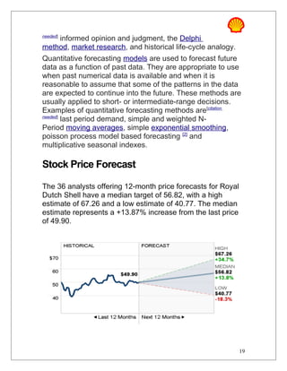 needed]
informed opinion and judgment, the Delphi
method, market research, and historical life-cycle analogy.
Quantitative forecasting models are used to forecast future
data as a function of past data. They are appropriate to use
when past numerical data is available and when it is
reasonable to assume that some of the patterns in the data
are expected to continue into the future. These methods are
usually applied to short- or intermediate-range decisions.
Examples of quantitative forecasting methods are[citation
needed]
last period demand, simple and weighted N-
Period moving averages, simple exponential smoothing,
poisson process model based forecasting [2]
and
multiplicative seasonal indexes.
Stock Price Forecast
The 36 analysts offering 12-month price forecasts for Royal
Dutch Shell have a median target of 56.82, with a high
estimate of 67.26 and a low estimate of 40.77. The median
estimate represents a +13.87% increase from the last price
of 49.90.
19
 