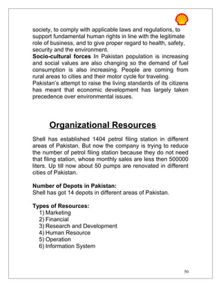 society, to comply with applicable laws and regulations, to
support fundamental human rights in line with the legitimate
role of business, and to give proper regard to health, safety,
security and the environment.
Socio-cultural forces In Pakistan population is increasing
and social values are also changing so the demand of fuel
consumption is also increasing. People are coming from
rural areas to cities and their motor cycle for traveling.
Pakistan’s attempt to raise the living standards of its citizens
has meant that economic development has largely taken
precedence over environmental issues.
Organizational Resources
Shell has established 1404 petrol filing station in different
areas of Pakistan. But now the company is trying to reduce
the number of petrol filing station because they do not need
that filing station, whose monthly sales are less then 500000
liters. Up till now about 50 pumps are renovated in different
cities of Pakistan.
Number of Depots in Pakistan:
Shell has got 14 depots in different areas of Pakistan.
Types of Resources:
1) Marketing
2) Financial
3) Research and Development
4) Human Resource
5) Operation
6) Information System
50
 