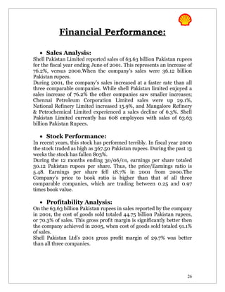 Financial Performance:

  • Sales Analysis:
Shell Pakistan Limited reported sales of 63.63 billion Pakistan rupees
for the fiscal year ending June of 2001. This represents an increase of
76.2%, versus 2000.When the company’s sales were 36.12 billion
Pakistan rupees.
During 2001, the company’s sales increased at a faster rate than all
three comparable companies. While shell Pakistan limited enjoyed a
sales increase of 76.2% the other companies saw smaller increases;
Chennai Petroleum Corporation Limited sales were up 29.1%,
National Refinery Limited increased 15.9%, and Mangalore Refinery
& Petrochemical Limited experienced a sales decline of 6.3%. Shell
Pakistan Limited currently has 608 employees with sales of 63.63
billion Pakistan Rupees.

  • Stock Performance:
In recent years, this stock has performed terribly. In fiscal year 2000
the stock traded as high as 367.50 Pakistan rupees. During the past 13
weeks the stock has fallen 803%.
During the 12 months ending 30/06/01, earnings per share totaled
30.12 Pakistan rupees per share. Thus, the price/Earnings ratio is
5.48. Earnings per share fell 18.7% in 2001 from 2000.The
Company’s price to book ratio is higher than that of all three
comparable companies, which are trading between 0.25 and 0.97
times book value.

  • Profitability Analysis:
On the 63.63 billion Pakistan rupees in sales reported by the company
in 2001, the cost of goods sold totaled 44.75 billion Pakistan rupees,
or 70.3% of sales. This gross profit margin is significantly better then
the company achieved in 2005, when cost of goods sold totaled 91.1%
of sales.
Shell Pakistan Ltd’s 2001 gross profit margin of 29.7% was better
than all three companies.




                                                                     26
 