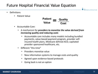 33
• Definitions
• Patient Value
• Accountable Care:
• A mechanism for providers to monetize the value derived from
increasing quality and reducing costs
• Accountable care includes many models including bundled
payments, value-based payment program, provider self-
insured health plans, Medicare defined ACO, capitated
provider sponsored healthcare, etc.
• Different “this time”
• Providers monetize value
• New information systems to manage costs and quality
• Agreed upon evidence-based protocols
• Going back is not an option
Quality
Cost
Patient
Value
Future Hospital Financial Value Equation
MARKET OVERVIEW TRANSITION FRAMEWORK STRATEGIES
 