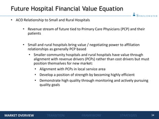 34
• ACO Relationship to Small and Rural Hospitals
• Revenue stream of future tied to Primary Care Physicians (PCP) and their
patients
• Small and rural hospitals bring value / negotiating power to affiliation
relationships as generally PCP based
• Smaller community hospitals and rural hospitals have value through
alignment with revenue drivers (PCPs) rather than cost drivers but must
position themselves for new market:
• Alignment with PCPs in local service area
• Develop a position of strength by becoming highly efficient
• Demonstrate high quality through monitoring and actively pursuing
quality goals
Future Hospital Financial Value Equation
MARKET OVERVIEW TRANSITION FRAMEWORK STRATEGIES
 