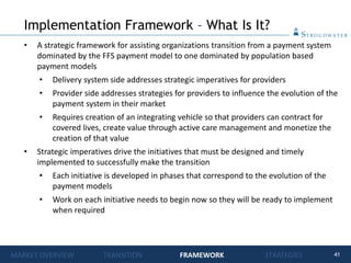 41
Implementation Framework – What Is It?
• A strategic framework for assisting organizations transition from a payment system
dominated by the FFS payment model to one dominated by population based
payment models
• Delivery system side addresses strategic imperatives for providers
• Provider side addresses strategies for providers to influence the evolution of the
payment system in their market
• Requires creation of an integrating vehicle so that providers can contract for
covered lives, create value through active care management and monetize the
creation of that value
• Strategic imperatives drive the initiatives that must be designed and timely
implemented to successfully make the transition
• Each initiative is developed in phases that correspond to the evolution of the
payment models
• Work on each initiative needs to begin now so they will be ready to implement
when required
MARKET OVERVIEW TRANSITION FRAMEWORK STRATEGIES
 