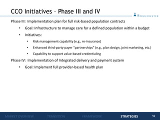 59
CCO Initiatives – Phase III and IV
MARKET OVERVIEW TRANSITION FRAMEWORK STRATEGIES
Phase III: Implementation plan for full risk-based population contracts
• Goal: Infrastructure to manage care for a defined population within a budget
• Initiatives:
• Risk management capability (e.g., re-insurance)
• Enhanced third-party payer “partnerships” (e.g., plan design, joint marketing, etc.)
• Capability to support value-based credentialing
Phase IV: Implementation of Integrated delivery and payment system
• Goal: Implement full provider-based health plan
 