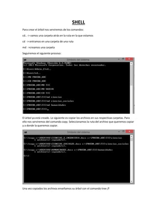 SHELL
Para crear el árbol nos serviremos de los comandos:
cd.. -> vamos una carpeta atrás en la ruta en la que estamos
cd -> entramos en una carpeta de una ruta
md ->creamos una carpeta
Seguiremos el siguiente proceso:
El árbol ya está creado. Lo siguiente es copiar los archivos en sus respectivas carpetas. Para
ello nos serviremos del comando copy. Seleccionamos la ruta del archivo que queremos copiar
y a donde la queremos copiar.
Una vez copiados los archivos enseñamos su árbol con el comando tree /f
 