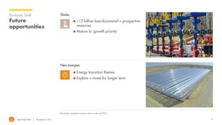 Royal Dutch Shell November 8, 2016 15
Re-shape Shell
Future
opportunities
Shales
New energies
 ~12 billion boe discovered + prospective
resources
 Mature to ‘growth priority’
 Energy transition themes
 Explore + invest for longer term
Discovered + prospective resources shown at year end 2015
 