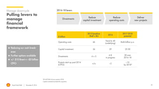 Royal Dutch Shell November 8, 2016 34
2016 RT $60 oil price scenario 2018
Capital investment excludes BG acquisition
Manage down-cycle
Pulling levers to
manage
financial
framework
$ billion
2015 baseline:
Shell + BG
2016
2017-2018
potential
Operating costs 46
Trend to 40
(underlying)
Multi-billion p.a.
Capital investment 36 29 25-30
Divestments 6 + 5
6-8
in progress
30 over
2016-18
Projects start-up post-2014
(CFFO)
n/a ~2
~10
by 2018*
Divestments
Reduce
capital investment
Reduce
operating costs
Deliver
new projects
2016-18 levers
 Reducing our cash break-
even
 Further options available
 +/- $10 Brent = ~$5 billion
CFFO
 