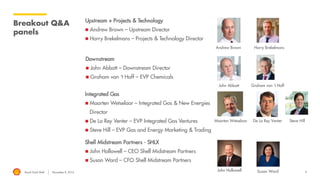 Royal Dutch Shell November 8, 2016 4
Breakout Q&A
panels
Shell Midstream Partners - SHLX
 John Hollowell – CEO Shell Midstream Partners
 Susan Ward – CFO Shell Midstream Partners
Andrew Brown
Maarten Wetselaar
Harry Brekelmans
John Abbott Graham van ‘t Hoff
De La Rey Venter
John Hollowell
Steve Hill
Susan Ward
Integrated Gas
 Maarten Wetselaar – Integrated Gas & New Energies
Director
 De La Rey Venter – EVP Integrated Gas Ventures
 Steve Hill – EVP Gas and Energy Marketing & Trading
Upstream + Projects & Technology
 Andrew Brown – Upstream Director
 Harry Brekelmans – Projects & Technology Director
Downstream
 John Abbott – Downstream Director
 Graham van ‘t Hoff – EVP Chemicals
 