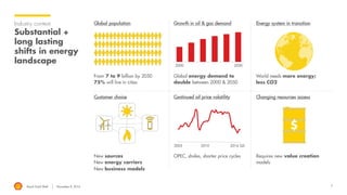 Royal Dutch Shell November 8, 2016 7
Industry context
Substantial +
long lasting
shifts in energy
landscape
$
From 7 to 9 billion by 2050
75% will live in cities
Global energy demand to
double between 2000 & 2050
World needs more energy;
less CO2
New sources
New energy carriers
New business models
OPEC, shales, shorter price cycles Requires new value creation
models
Global population Growth in oil & gas demand Energy system in transition
Customer choice Continued oil price volatility Changing resources access
 