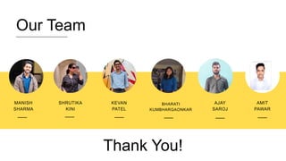 Our Team
SHRUTIKA
KINI
MANISH
SHARMA
KEVAN
PATEL
BHARATI
KUMBHARGAONKAR
AJAY
SAROJ
AMIT
PAWAR
Thank You!