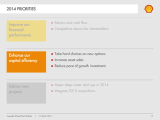 15Copyright of Royal Dutch Shell plc 13 March, 2014
IMPROVE FINANCIAL PERFORMANCE
DRIVE TO FURTHER ENHANCE INTEGRATED GAS PROFITABILITY
Includes LNG + GTL; earnings excluding identified items
Increasing Shell’s managed sales
Total LNG volumes in mtpa
Shell’s LNG portfolio
LNG Peru
Altamira
Baja
Nigeria
Hazira
NWS
Pluto
QG-4
Elba
Spain
Prelude
Gorgon
Atlantic LNG
Oman
Sakhalin
Malaysia
Brunei
Cove Point
LNG supply
Under construction
Regasification
Trading flows
2014
2013
>25 mtpa
>30 mtpa
2017
~40 mtpa
$ billion
Integrated Gas financial performance
Earnings ~400%
Earnings CFFO ROACE (RHS)JV marketed
Shell directly managed
QG4
Pearl GTL
Pluto LNG North Rankin
Repsol LNG
Elba
Gorgon T1-3
Prelude FLNG
North West Shelf
Sakhalin
 