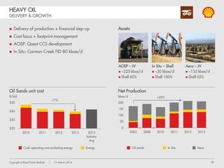58Copyright of Royal Dutch Shell plc 13 March, 2014
LNG CANADA
PROGRESSING TO FID
 2 x ~6 mtpa first phase
 Kitimat site agreement
 25-year export license secured (24 mtpa)
 Environmental assessment process initiated
 Joint venture: Shell (40%), Kogas, Mitsubishi,
PetroChina
 TransCanada Pipelines (TCPL) to build, own &
operate
 ~700km pipeline
 Filed environmental assessment application
 Public consultation and open houses underway
 Access to competitive supply
LNG Canada Coastal GasLink pipeline
 