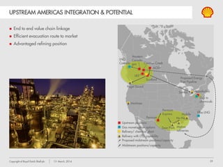 59Copyright of Royal Dutch Shell plc 13 March, 2014
HEAVY OIL
DELIVERY & GROWTH
 Delivery of production + financial step-up
 Cost focus + footprint management
 AOSP: Quest CCS development
 In Situ: Carmon Creek FID 80 kboe/d
Oil Sands unit cost
$/bbl
Net Production
kboe/d
Cash operating cost excluding energy Energy Oil sands In Situ Aera
Assets
AOSP – JV
 ~225 kboe/d
 Shell 60%
In Situ – Shell
 ~20 kboe/d
 Shell 100%
Aera – JV
 ~135 kboe/d
 Shell 52%
-17%
+22%
 