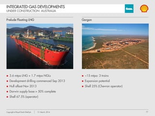 77Copyright of Royal Dutch Shell plc 13 March, 2014
INTEGRATED GAS DEVELOPMENTS
UNDER CONSTRUCTION: AUSTRALIA
 3.6 mtpa LNG + 1.7 mtpa NGLs
 Development drilling commenced Sep 2013
 Hull afloat Nov 2013
 Darwin supply base > 50% complete
 Shell 67.5% (operator)
 ~15 mtpa: 3 trains
 Expansion potential
 Shell 25% (Chevron operator)
Prelude Floating LNG Gorgon
 