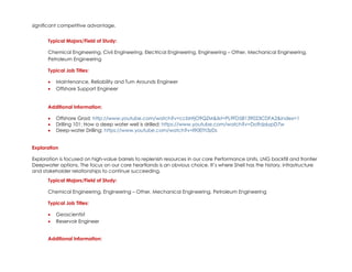 significant competitive advantage.
Typical Majors/Field of Study:
Chemical Engineering, Civil Engineering, Electrical Engineering, Engineering – Other, Mechanical Engineering,
Petroleum Engineering
Typical Job Titles:
• Maintenance, Reliability and Turn Arounds Engineer
• Offshore Support Engineer
Additional Information:
• Offshore Grad: http://www.youtube.com/watch?v=ccbHtjO9QZM&list=PL9FD58139023CDFA2&index=1
• Drilling 101: How a deep water well is drilled: https://www.youtube.com/watch?v=Do9dz6ypD7w
• Deep-water Drilling: https://www.youtube.com/watch?v=I90ElYi3zDs
Exploration
Exploration is focused on high-value barrels to replenish resources in our core Performance Units, LNG backfill and frontier
Deepwater options. The focus on our core heartlands is an obvious choice. It’s where Shell has the history, infrastructure
and stakeholder relationships to continue succeeding.
Typical Majors/Field of Study:
Chemical Engineering, Engineering – Other, Mechanical Engineering, Petroleum Engineering
Typical Job Titles:
• Geoscientist
• Reservoir Engineer
Additional Information:
 