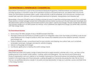 Downstream Commercial is a part of the Commercial Graduate Programme. Shell Downstream encompasses all the
activities necessary to transform crude oil into petroleum products and petrochemicals, and deliver them around the
world. Our Downstream businesses refine, supply, trade and ship crude oil worldwide, and manufacture, transport and
market fuels, lubricants, bitumen, LPG and bulk petrochemicals for domestic, transportation and industrial uses.
Renewables is the part of Shell focused on finding commercial ways to meet the evolving energy needs of our customers.
These solutions include hydrogen, power from renewable and low-carbon sources such as wind, solar and natural gas and
decarbonisation options including nature-based solutions and carbon capture and storage. This part of Shell also develops
new business models such as clean power-as-a-service, which addresses how digital technology can better help customers
with their energy needs.
Our Downstream Business
• Serves about 30 million people at day at 46,000 branded retail sites
• Manages Chemicals and Products activities as part of an integrated value chain that trades and refines crude oil and
other feedstocks into a range of products which are moved and marketed around the world for domestic, industrial
and transport use
• Products offered include: conventional fuels for road, aviation and shipping; low-carbon fuels, such as biofuels,
renewable natural gas, hydrogen and electric-vehicle charging
• Delivers cutting-edge technologies
• Contributes significantly to meeting the world’s energy needs.
Chemicals & Products
Shell Chemicals make and supply a range of petrochemicals to large industrial customers who, in turn, use them as the
building blocks of our modern world; plastics, coatings, paints and detergents. Our new end-to-end Chemicals &
Products organisation is set up to deliver on our strategy of growing our Chemicals business and adapting our Refining
footprint to include Energy and Chemicals parks, working alongside our chemicals-only production sites. We do this so
that we can profitably become a leader in circularity and decarbonisation to help our customers, society and Shell thrive
in the energy transition.
Global Mobility
DOWNSTREAM & RENEWABLES COMMERCIAL
 