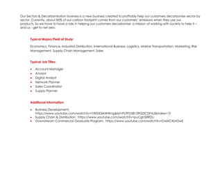 Our Sectors & Decarbonisation business is a new business created to profitably help our customers decarbonise sector by
sector. Currently, about 85% of our carbon footprint comes from our customers’ emissions when they use our
products. So we have to have a role in helping our customers decarbonise: a mission of working with society to help it –
and us - get to net zero.
Typical Majors/Field of Study:
Economics, Finance, Industrial Distribution, International Business, Logistics, Marine Transportation, Marketing, Risk
Management, Supply Chain Management, Sales
Typical Job Titles:
• Account Manager
• Analyst
• Digital Analyst
• Network Planner
• Sales Coordinator
• Supply Planner
Additional Information:
• Business Development:
https://www.youtube.com/watch?v=YWS0DIAWWng&list=PL9FD58139023CDFA2&index=15
• Supply Chain & Distribution: https://www.youtube.com/watch?v=puCgh5ifRDU
• Downstream Commercial Graduate Program: https://www.youtube.com/watch?v=CreXCXbtOwE
 