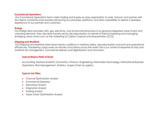 Commercial Operations
Our Commercial Operations team make Trading and Supply an easy organisation to work, transact and partner with.
Our teams constantly work towards advancing our processes, platforms, and data capabilities to deliver a seamless
experience to our partners and customers.
Energy
Our Energy team provides LNG, gas, electricity, and environmental products by growing integrated value chains and
unlocking demand. They also lead industry sector decarbonisation on behalf of Shell by exploring and managing
emerging value chains such as the marketing of Carbon Capture and Sequestration (CCS).
Shipping and Maritime
Our Shipping and Maritime team lead industry coalitions in maritime safety, decarbonisation and port and operational
efficiencies. Transferring cargo every six minutes at locations across the world, this is our centre of expertise for ship and
maritime risk management, commercial delivery and digitalisation and innovation.
Typical Majors/Field of Study:
Accounting, Business Analytics, Economics, Finance, Engineering, Information Technology, International Business,
Operations, Rick Management, Statistics, Supply Chain & Logistics
Typical Job Titles:
• Channel Optimization Analyst
• Commercial Operator
• Derivatives Analyst
• Origination Analyst
• Trading Analyst
• Value Chain Optimization Analyst
 