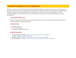 Upstream Commercial is a part of the Commercial Graduate Programme. Upstream Commercial is accountable to
provide commercial support for all Upstream business activities—Conventional Oil & Gas, Deepwater, Development &
Subsurface, Exploration and Integrated Gas. Our staff focuses on land & contracts, gas midstream, crude oil
marketing/logistics, and economics activities. Our priorities are client support, commercial excellence and staff
development.
Typical Majors/Field of Study:
Decision Sciences, Energy Commerce, Energy Management, Finance, Legal Studies, Logistics, Management
Sciences, Petroleum Land Management
Typical Job Titles:
• Business Analyst
• Commercial Analyst
• Contracts & Agreement Analyst
Additional Information:
• Senior Commercial Analyst: https://www.youtube.com/watch?v=KgZIe1Y-
NU4&list=PL9FD58139023CDFA2&index=7
• Upstream Logistics: https://www.youtube.com/watch?v=BuoFl1I43UQ
• Shell’s Strategy – Transition: https://www.youtube.com/watch?v=hfTnnT_9fH0&t=245s
UPSTREAM & INTEGRATED GAS COMMERCIAL
 